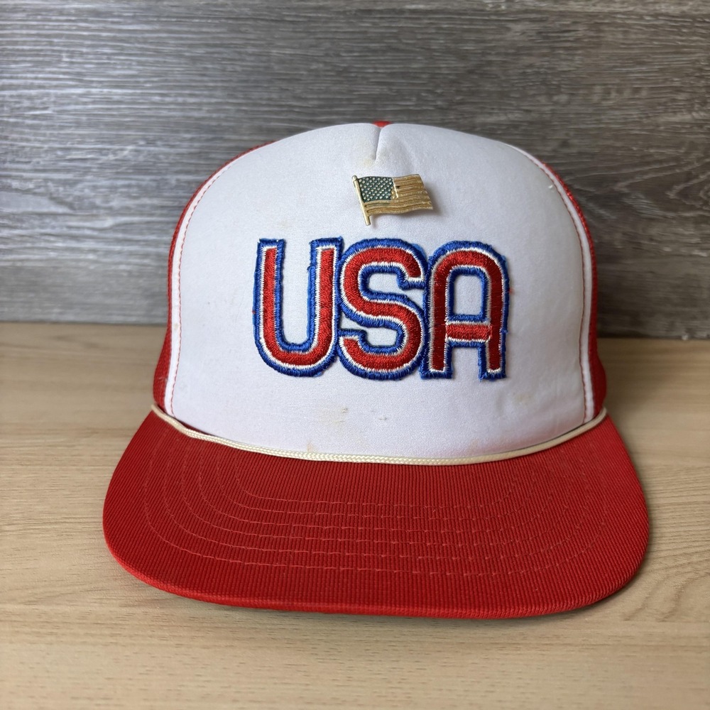 Vintage USA Hat Cap Snap Back Mesh Trucker Embroidered Flag Pin Mens 80s